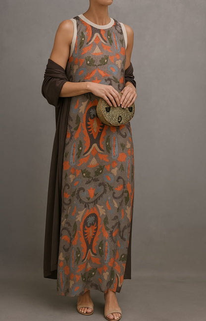 Vestido Zarela Estampado Holgado y Cárdigan