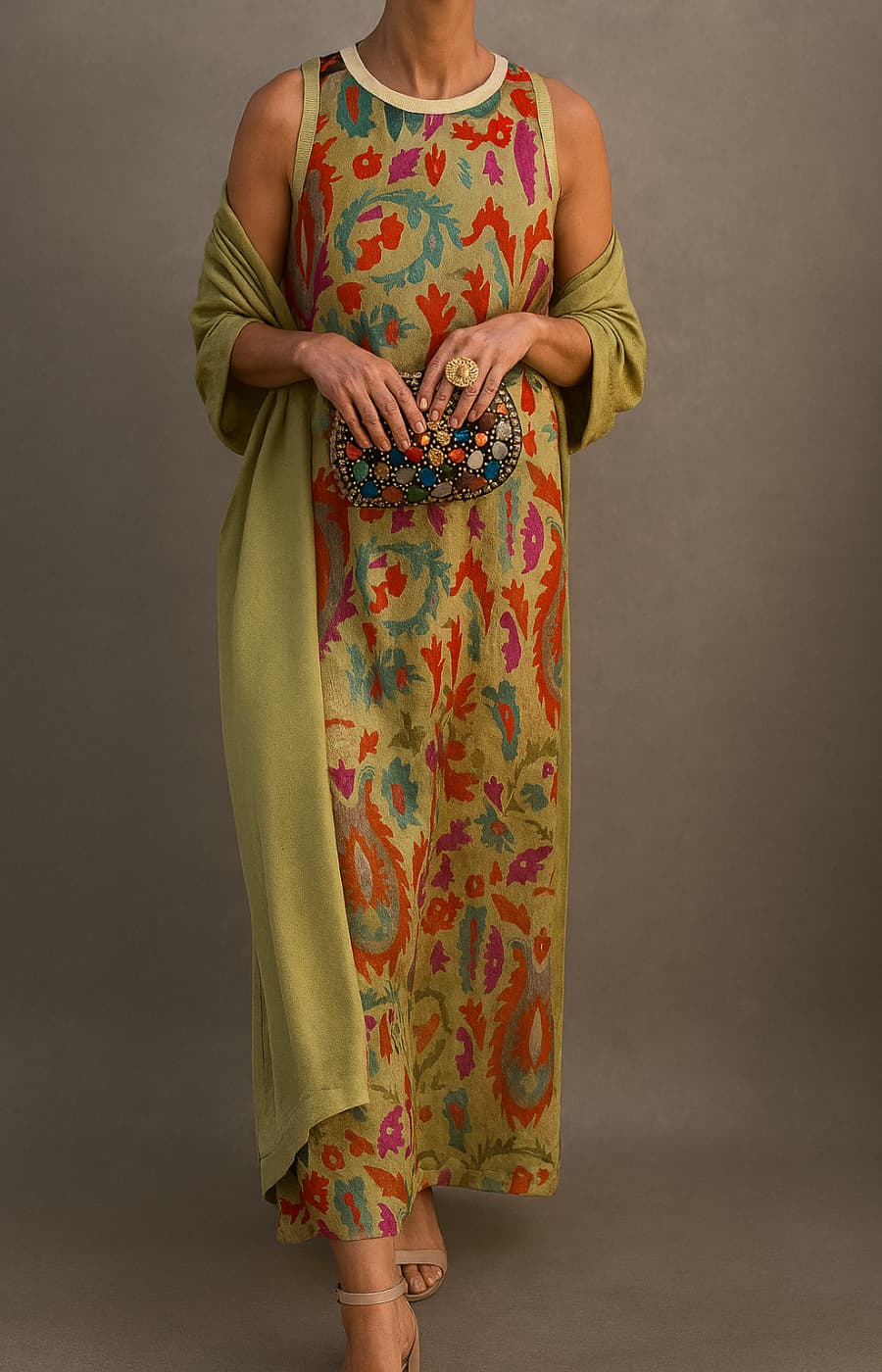 Vestido Zarela Estampado Holgado y Cárdigan