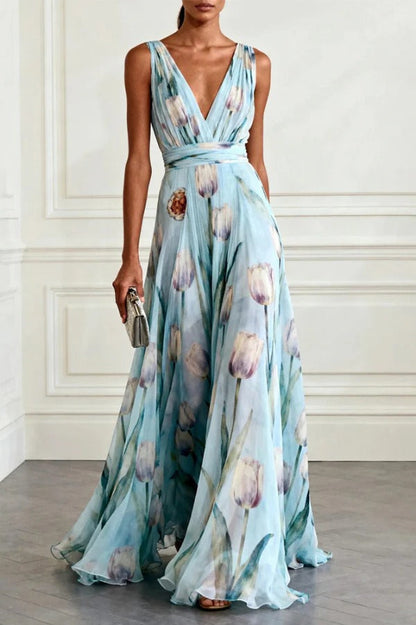 Vestido Largo Floral Elegancia Celeste