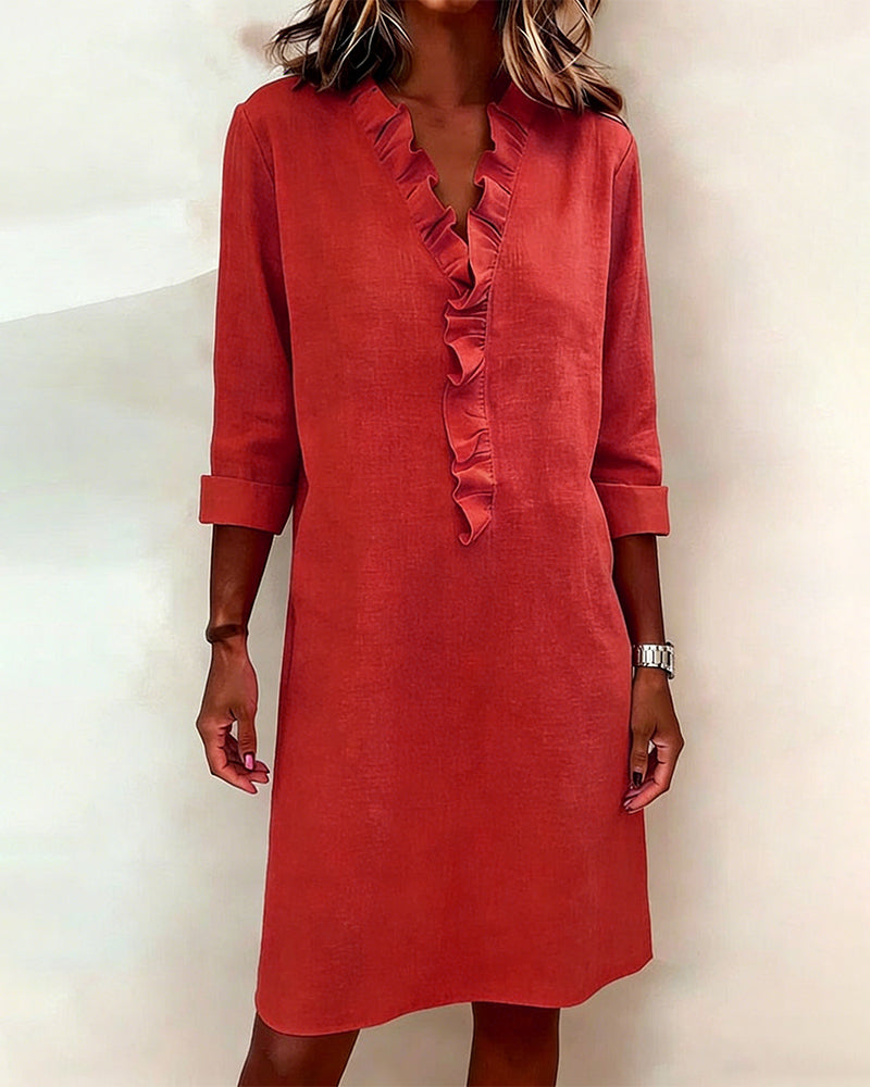 Vestido Recto Lino con Volantes