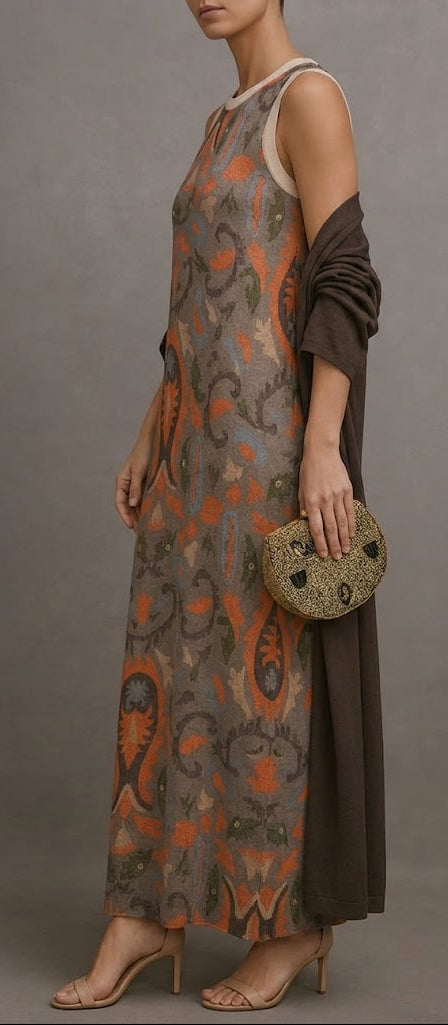 Vestido Zarela Estampado Holgado y Cárdigan